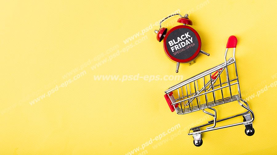 عکس با کیفیت سبد خرید از مراکز خرید بزرگ و هایپرمارکت ها در کنار تصویر ساعت زنگ دار با اعلام متن فروش و تخفیف ویژه در روزهای تعطیل با زمینه زرد ویژه استفاده در امور تبلیغاتی و تجاری طراحی کاتالوگ ، بروشور و تراکت با موضوع تبلیغات فروش ویژه و دارای تخفیف فروشگاه ها و مراکز خرید