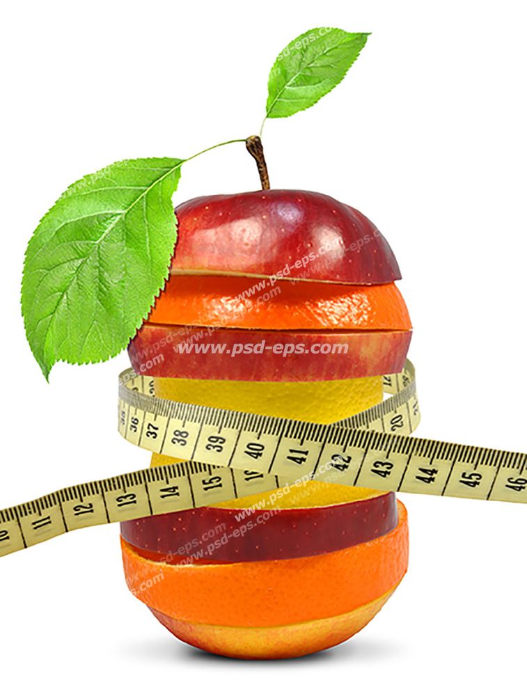 عکس با کیفیت تکه های میوه سیب ، لیمو و پرتقال با سانتیمتر