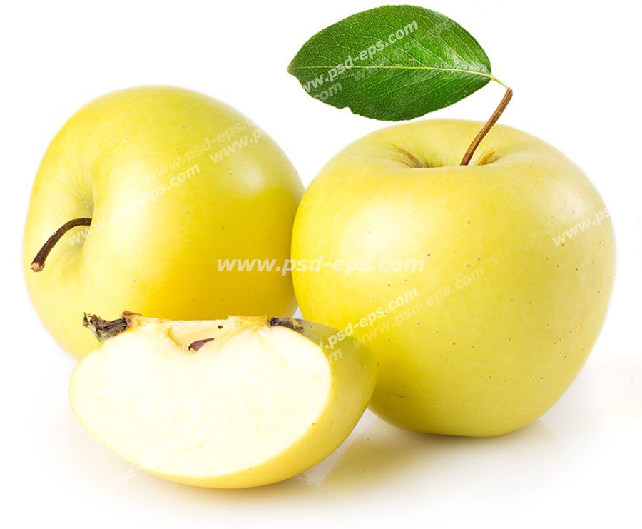 عکس با کیفیت دو عدد سیب زرد تازه با برگ در کنار برشی از سیب