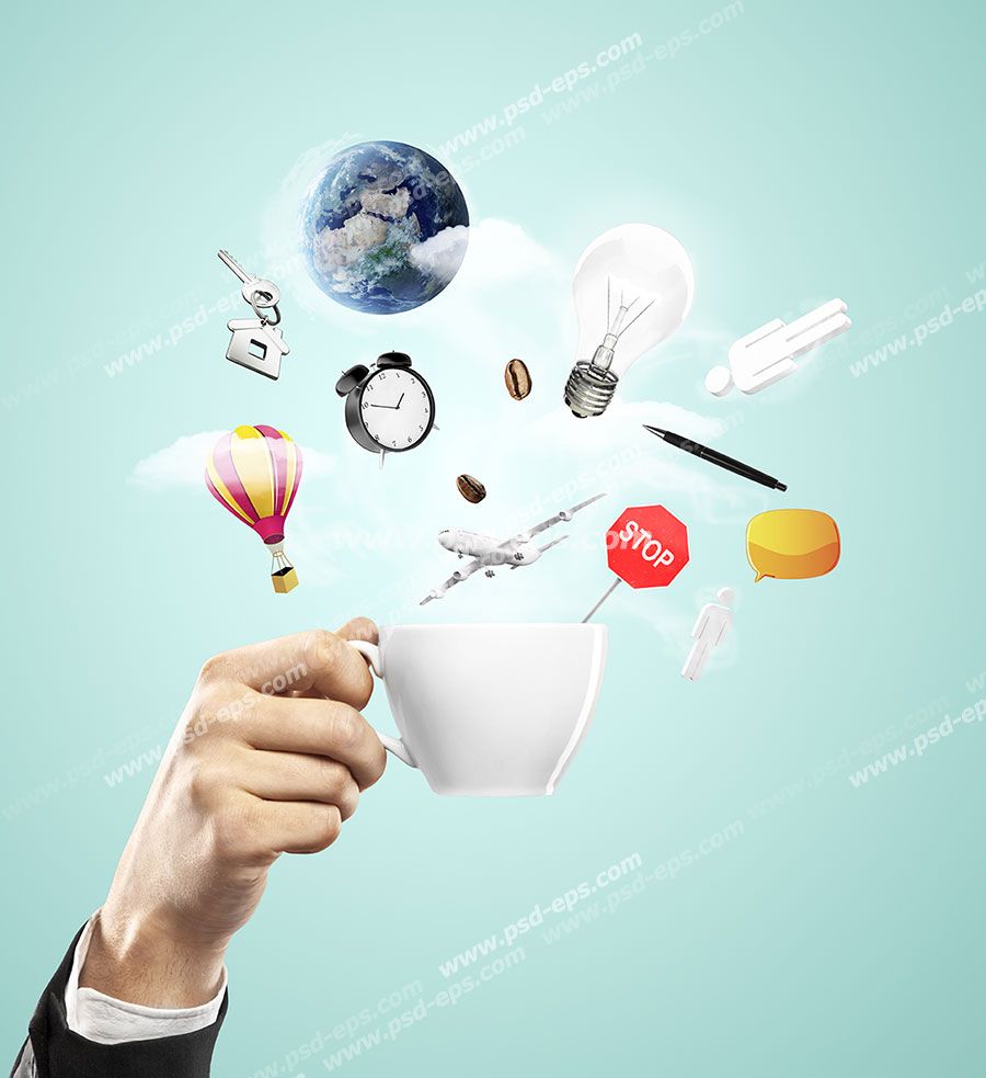 عکس با کیفیت نمادهای کره زمین ، ساعت ، بالن ، خودکار و وسایل شخصی در اطراف فنجان چینی