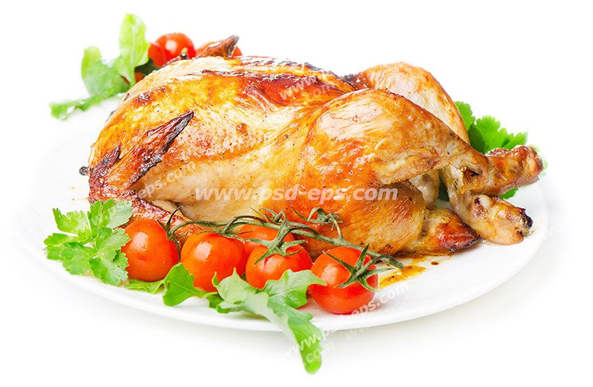 عکس با کیفیت مرغ سوخاری شکم پر درون بشقاب چینی با تزئین گوجه و کاهو