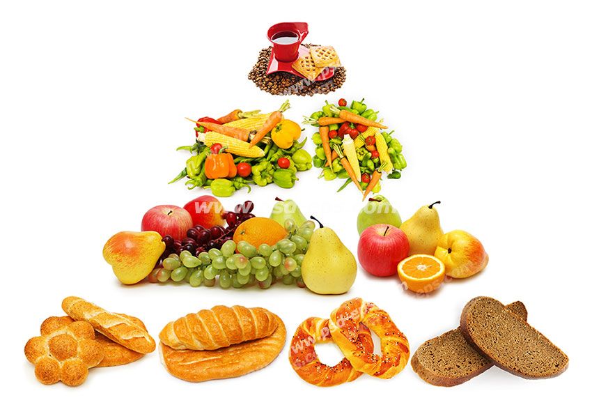 عکس با کیفیت هرم غذایی شامل نان ، غلات ، میوه ها ، سبزیجات و نوشیدنی در رژیم غذایی