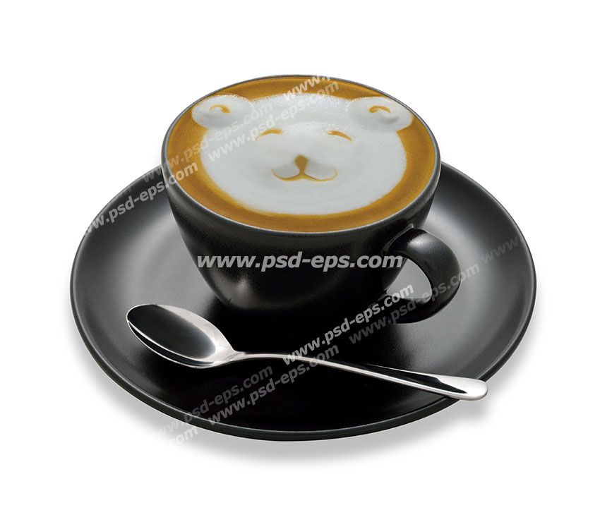 عکس با کیفیت فنجان و نعلبکی چینی مشکی رنگ حاوی نسکافه یا کاپوچینو یا کافی میکس با طرح صورت خرس به همراه قاشق