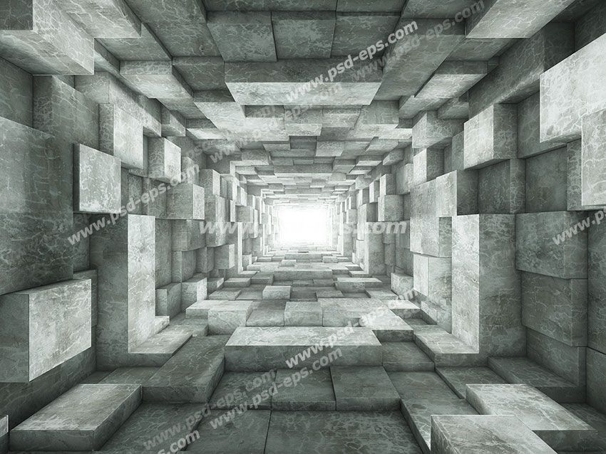 عکس با کیفیت دیوارپوش سه بعدی یا پس زمینه رندر سه بعدی با طرح تونلی به سمت نور تشکیل شده از مکعب های سنگی به صورت برجسته و با چیدمانی نامنظم
