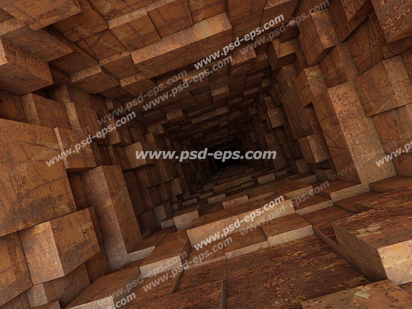 عکس با کیفیت دیوارپوش سه بعدی یا پس زمینه رندر سه بعدی با طرح تونل به سمت تاریکی تشکیل شده از سنگهایی از جنس فلز