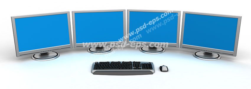 عکس با کیفیت تبلیغاتی چهار مانیتور به همراه یک موس و یک کیبورد
