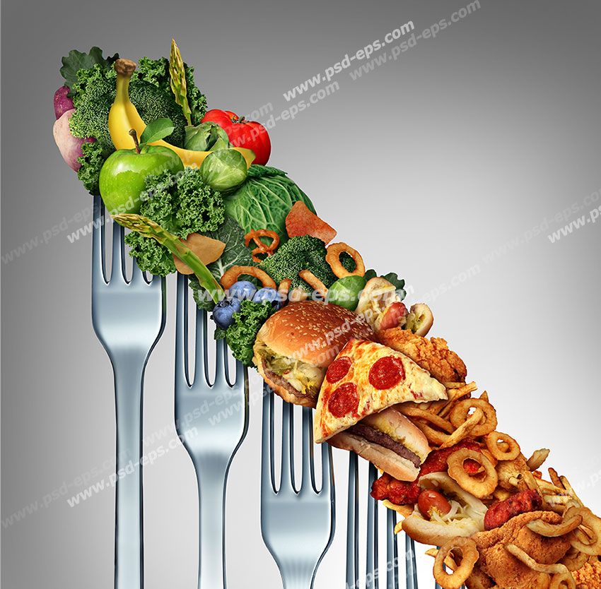 عکس با کیفیت تبلیغاتی سبزیجات و فست فود به روی چنگال