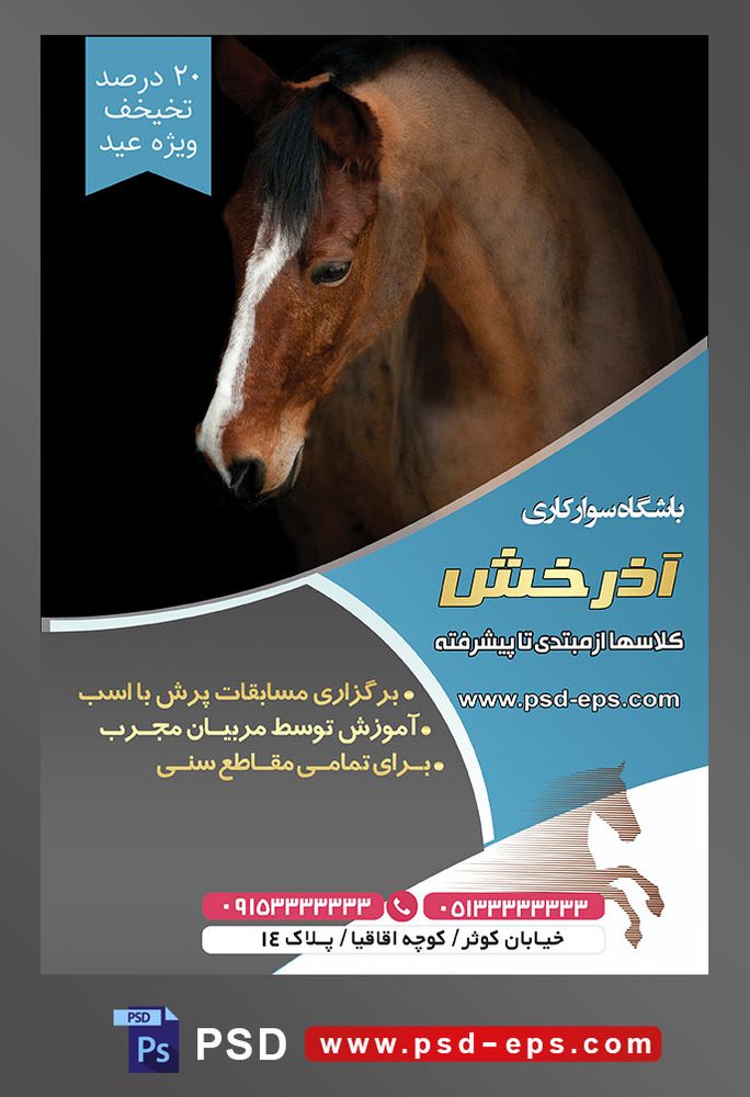 طرح آماده لایه باز تراکت یا پوستر باشگاه سوارکاری با محوریت تصویر اسب قهوه ای زیبا