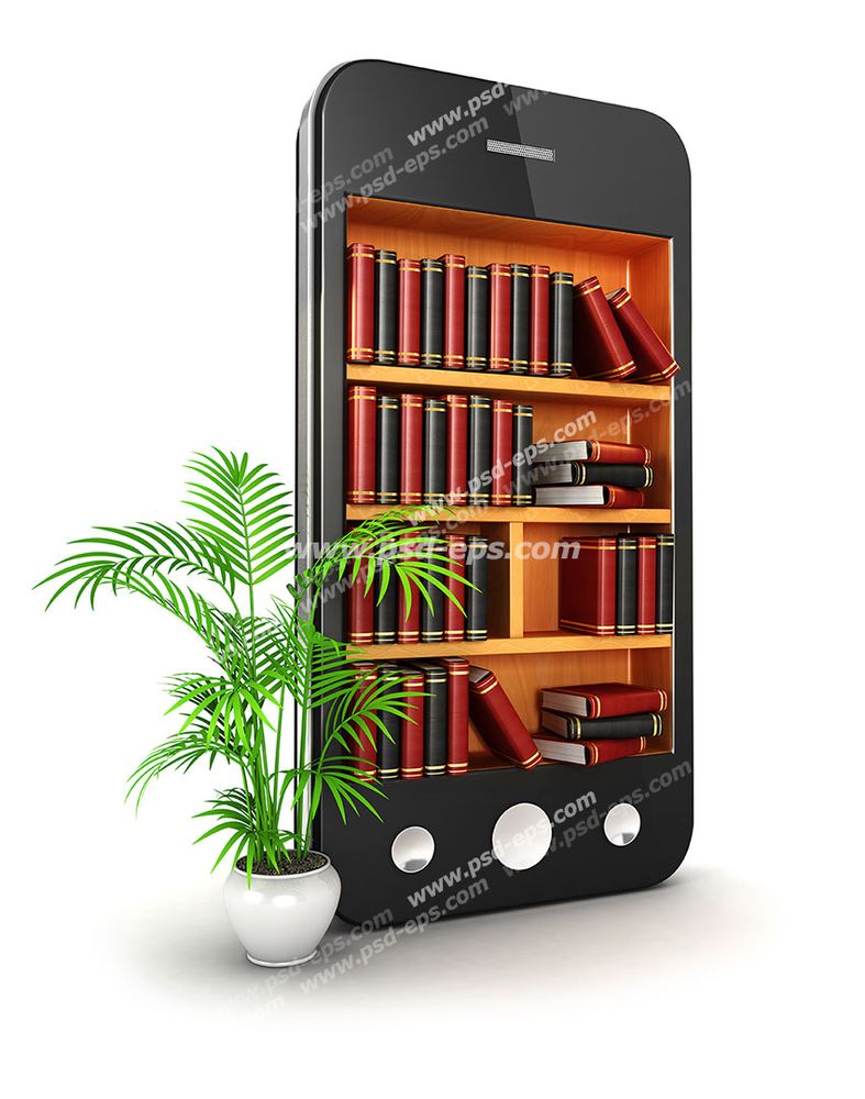 عکس با کیفیت تبلیغاتی کتابخانه داخل صفحه موبایل با یک گلدان کوچک کنار آن