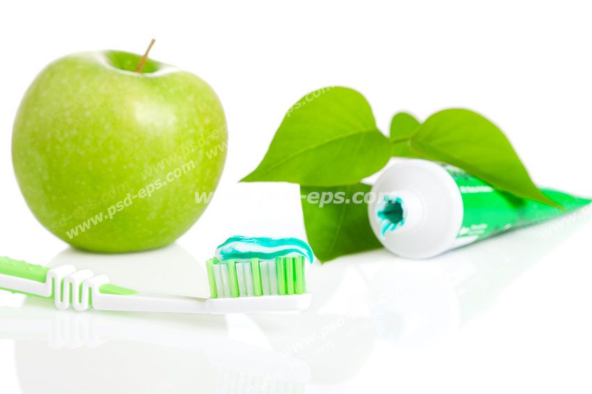 عکس با کیفیت تبلیغاتی خمیر دندان و مسواک و نعنا و سیب سبز