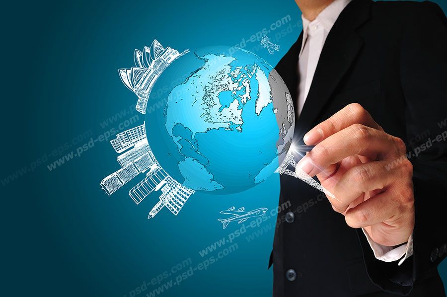 عکس با کیفیت تبلیغاتی مرد در حال طراحی گرافیکی اطراف کره زمین