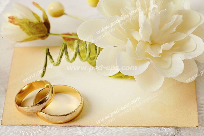 عکس با کیفیت تبلیغاتی دو حلقه طلایی روی کاغذ تزئین شده با گل