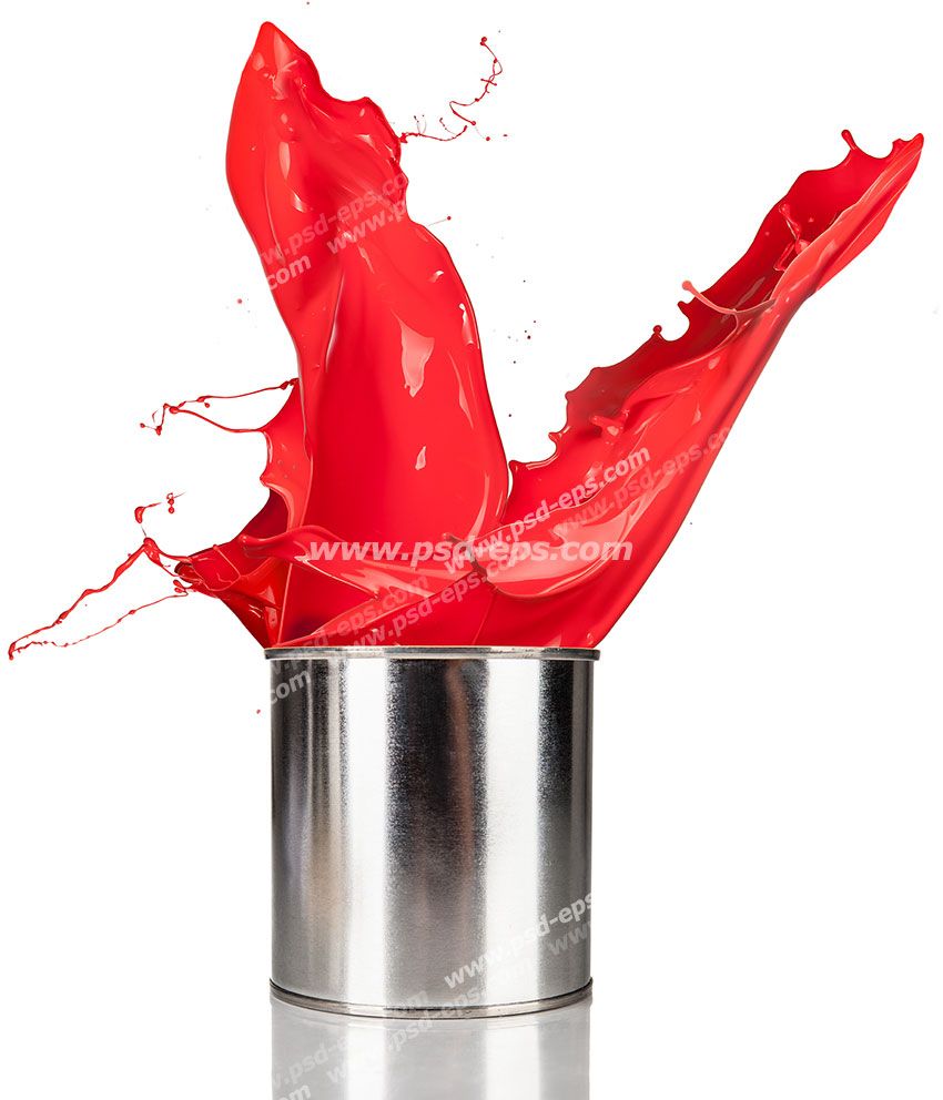 عکس با کیفیت تبلیغاتی سطل رنگ قرمز که رنگ ها از آن در حال بیرون ریختن است