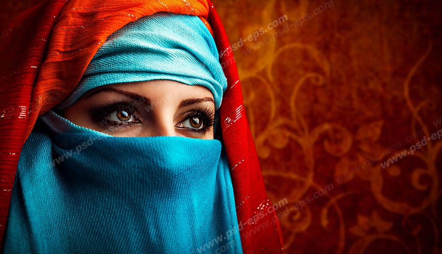 عکس با کیفیت تبلیغاتی زن با روبند آبی و شال نارنجی