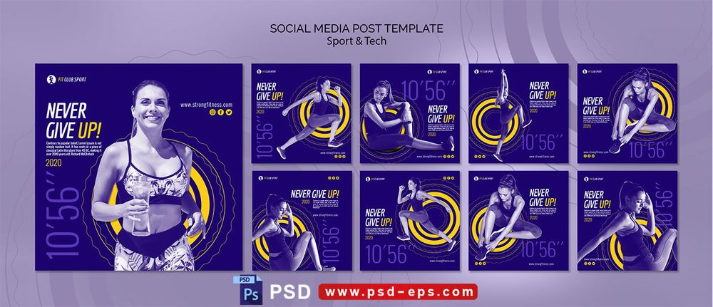 دانلود طرح آماده لایه باز بنر پست اینستاگرام در 9 طرح مختلف با تصاویر با کیفیت با تم رنگی بنفش و موضوع ورزش